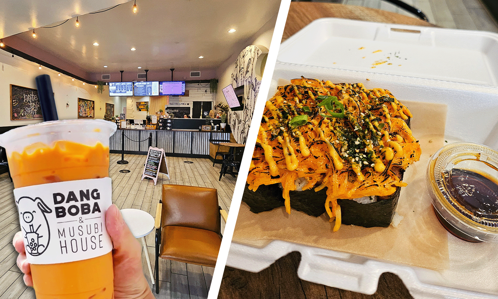 two images with a to go container of musubi and a boba cup in front of inside of restaurant